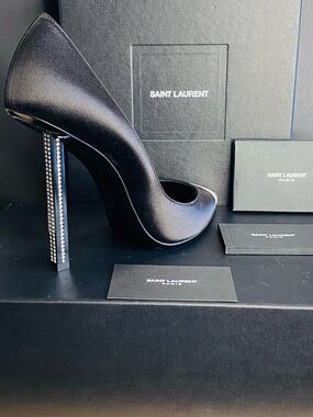 Saint Laurent Tower 110 Black Satin Pump with Cert of Auth & Original Packaging